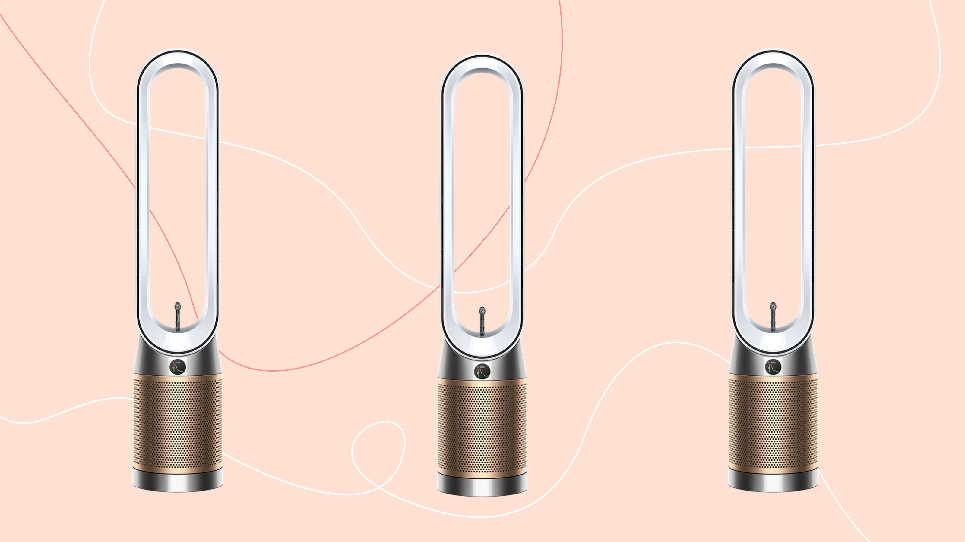 Dyson Find+Follow Purifier Cool units in a row of three on a pink background