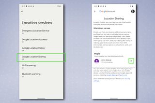 The Google location sharing menu