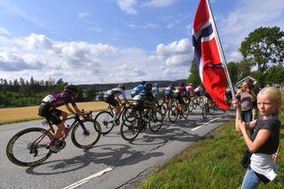 SARPSBORG NORWAY AUGUST 12 A general view of the peloton cheering by fans during the 7th Ladies Tour Of Norway 2021 Stage 1 a 1415km stage from Halden to Sarpsborg LTourOfNorway LTON21 UCIWWT on August 12 2021 in Sarpsborg Norway Photo by Luc ClaessenGetty Images