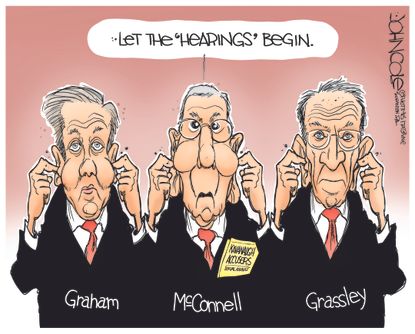 Political cartoon U.S. Brett Kavanaugh Supreme Court Hearings Lindsey Graham Mitch McConnell Chuck Grassley