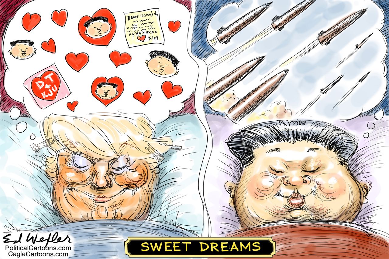 Political Cartoon World Trump Kim Jong-Un sweet dreams