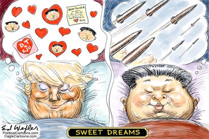 Political Cartoon World Trump Kim Jong-Un sweet dreams