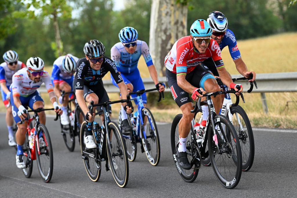 CAHORS FRANCE JULY 22 LR Chris Hamilton of Australia and Team DSM and Philippe Gilbert of Belgium and Team Lotto Soudal compete during the 109th Tour de France 2022 Stage 19 a 1883km stage from CastelnauMagnoac to Cahors TDF2022 WorldTour on July 22 2022 in Cahors France Photo by Dario BelingheriGetty Images