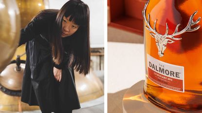 Architect Melodie Leung looks at stills at The Dalmore distillery, and right, a bottle whisky from The Dalmore Luminary Series 2024