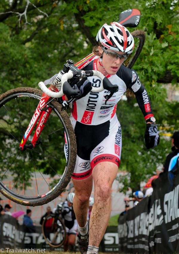 Kathy Sherwin (No-Tubes Elite Women's Team) running with classic cyclocross style