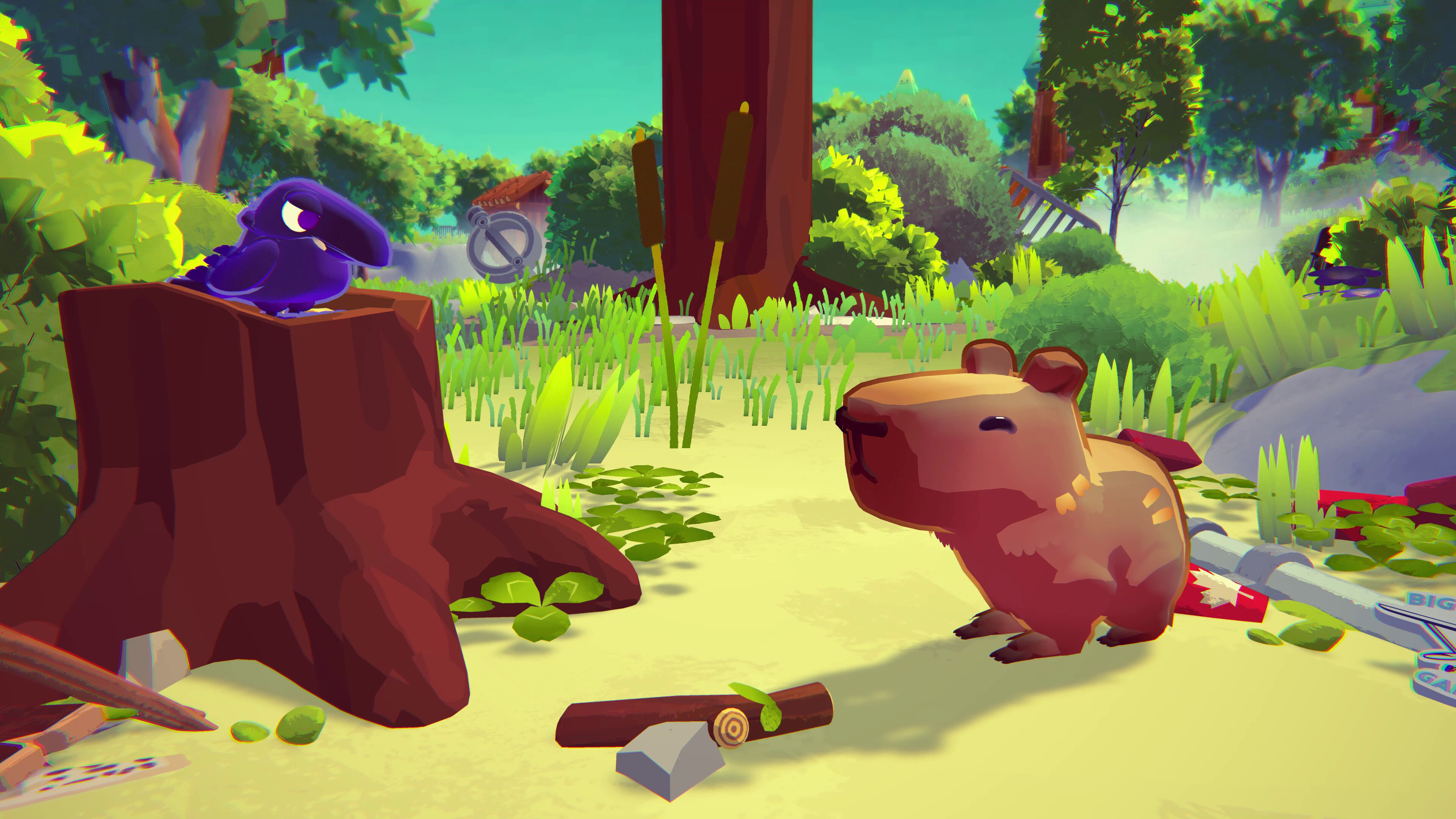 Screenshot of Capy Castaway&#039;s two protagonists in a wooded area