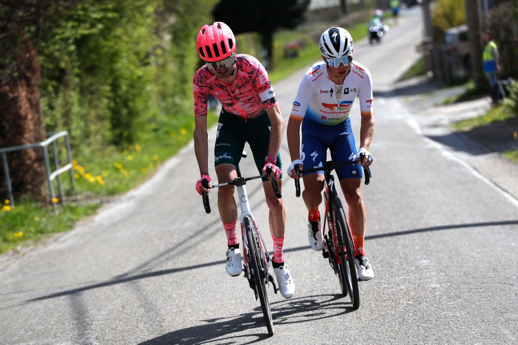 HUY BELGIUM APRIL 20 LR Simon Carr of United Kingdom and Team EF Education Easypost and Valentin Ferron of France and Team Total Energies compete in the breakaway during the 86th La Flche Wallonne 2022 Mens Elite a 2011km one day race from Blegny to Mur de Huy 204m WorldTour FlecheWallonne on April 20 2022 in Huy Belgium Photo by Bas CzerwinskiGetty Images