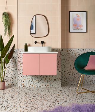Terrazzo-style ceramic tiles on a bathroom floor