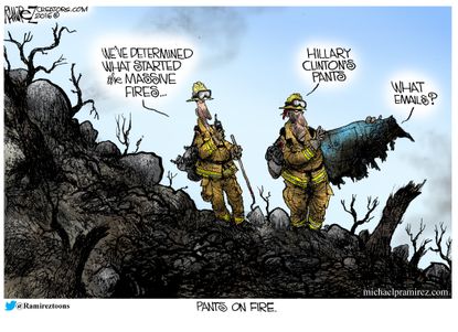 Political cartoon U.S. 2016 election Hillary Clinton California fire