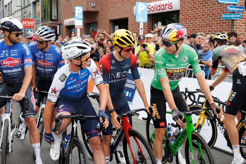 Belgian Yves Lampaert of QuickStep Alpha Vinyl British Tom Pidcock of Ineos Grenadiers and Belgian Wout Van Aert of Team JumboVisma pictured at the start of the Natourcriterium Roeselare cycling race Tuesday 26 July 2022 in Roeselare The contest is a part of the traditional criteriums local races in which mainly cyclists who rode the Tour de France compete BELGA PHOTO KURT DESPLENTER Photo by KURT DESPLENTER BELGA MAG Belga via AFP Photo by KURT DESPLENTERBELGA MAGAFP via Getty Images