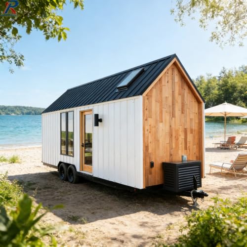 Alpine Retreat Towable Wheel Camper Travel Cabin, Haulable Mobile Camp House With Mixed Decor Panel for Mountain Stream Grassland Wildflower All Season Outdoor Getaway