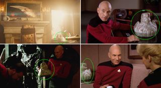 (Clockwise from top, left) Scenes from the new "Picard" Season 2 teaser, TNG episodes "The Chase" (Season 6, Episode 20) and "Pre-emptive Strike" (Season 7, Episode 24) and "Star Trek: Generations" (1994).