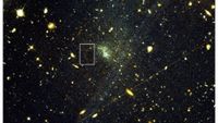 Lots of golden colored blobs against a greenish black background. A white box highlights one blob.