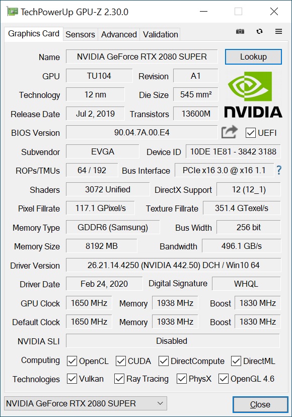 EVGA RTX 2080 Super XC Hybrid GPUz