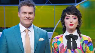 Kyle Brandt and Sarah Sherman look at the camera during Human vs. Hamster