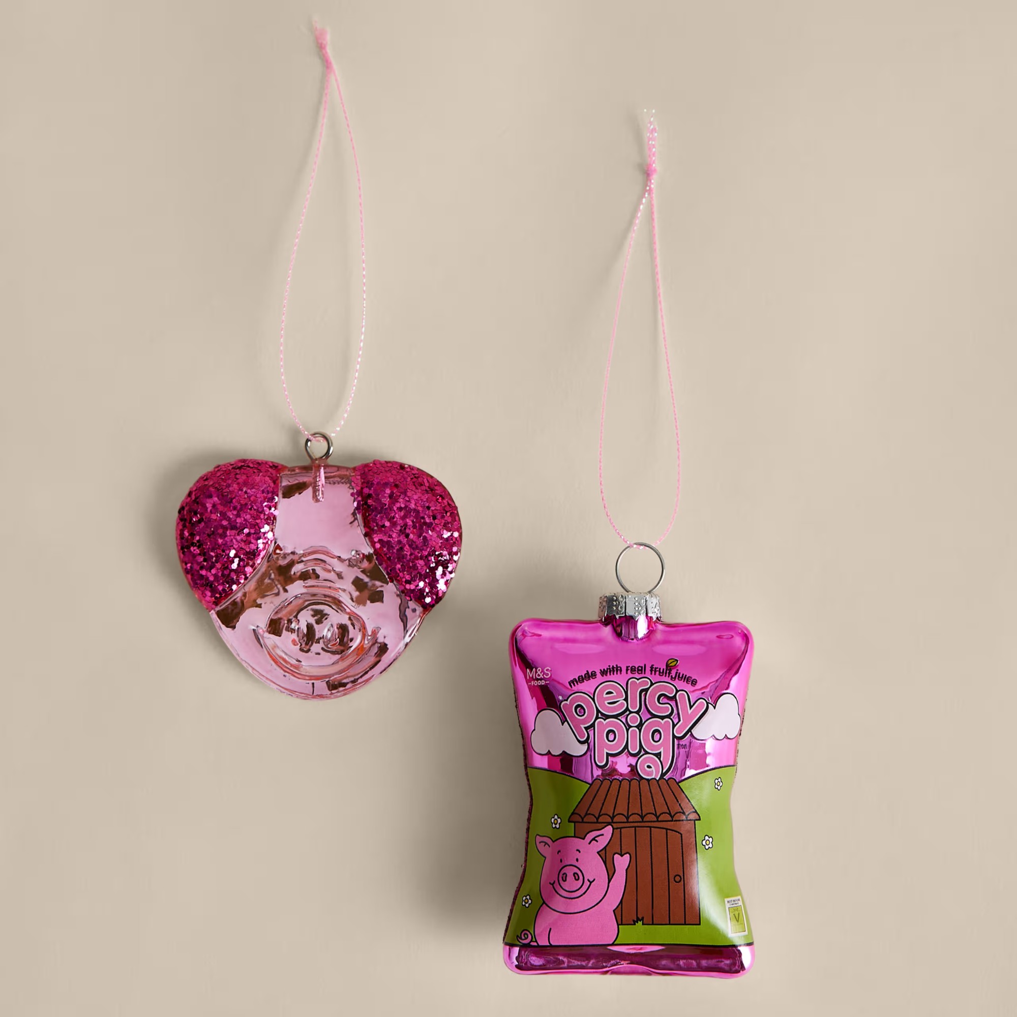 M&amp;amp;S 2 Pack Glitter Glass Percy Pig Baubles