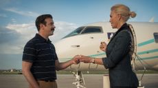 Jason Sudeikis as Ted and Hannah Waddingham as Rebecca in Ted Lasso season 4