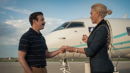 Jason Sudeikis as Ted and Hannah Waddingham as Rebecca in Ted Lasso season 4