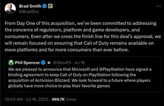 From Day One of this acquisition, we’ve been committed to addressing the concerns of regulators, platform and game developers, and consumers. Even after we cross the finish line for this deal’s approval, we will remain focused on ensuring that Call of Duty remains available on more platforms and for more consumers than ever before. - We are pleased to announce that Microsoft and @PlayStation have signed a binding agreement to keep Call of Duty on PlayStation following the acquisition of Activision Blizzard. We look forward to a future where players globally have more choice to play their favorite games.