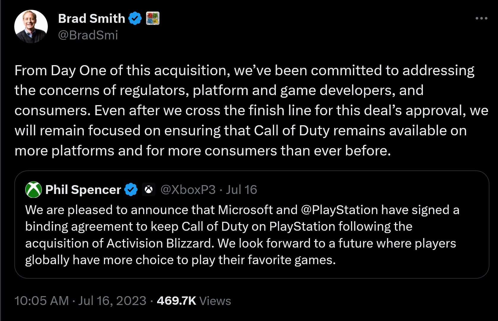 Vom ersten Tag dieser Übernahme an waren wir bestrebt, auf die Anliegen von Regulierungsbehörden, Plattform- und Spieleentwicklern sowie Verbrauchern einzugehen.  Selbst nachdem wir die Ziellinie für die Genehmigung dieses Deals erreicht haben, werden wir uns weiterhin darauf konzentrieren, sicherzustellen, dass Call of Duty auf mehr Plattformen und für mehr Verbraucher als je zuvor verfügbar bleibt.  – Wir freuen uns, bekannt geben zu können, dass Microsoft und @PlayStation eine verbindliche Vereinbarung unterzeichnet haben, um Call of Duty nach der Übernahme von Activision Blizzard auf PlayStation zu behalten.  Wir freuen uns auf eine Zukunft, in der Spieler weltweit mehr Auswahl haben, ihre Lieblingsspiele zu spielen.
