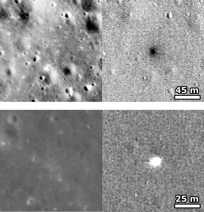 The top image shows a low-reflectance splotch, while the bottom image shows a high-reflectance splotch that was created by a small impactor or secondary ejecta from a larger impact. In either case, the top few centimeters of the regolith (soil) was churned.