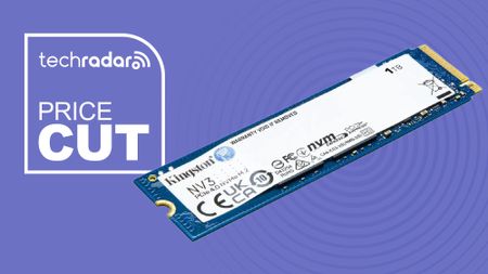 The Kingston NV3 SSD on a purple background next to a white TechRadar badge in the upper left that reads 'Price Cut'