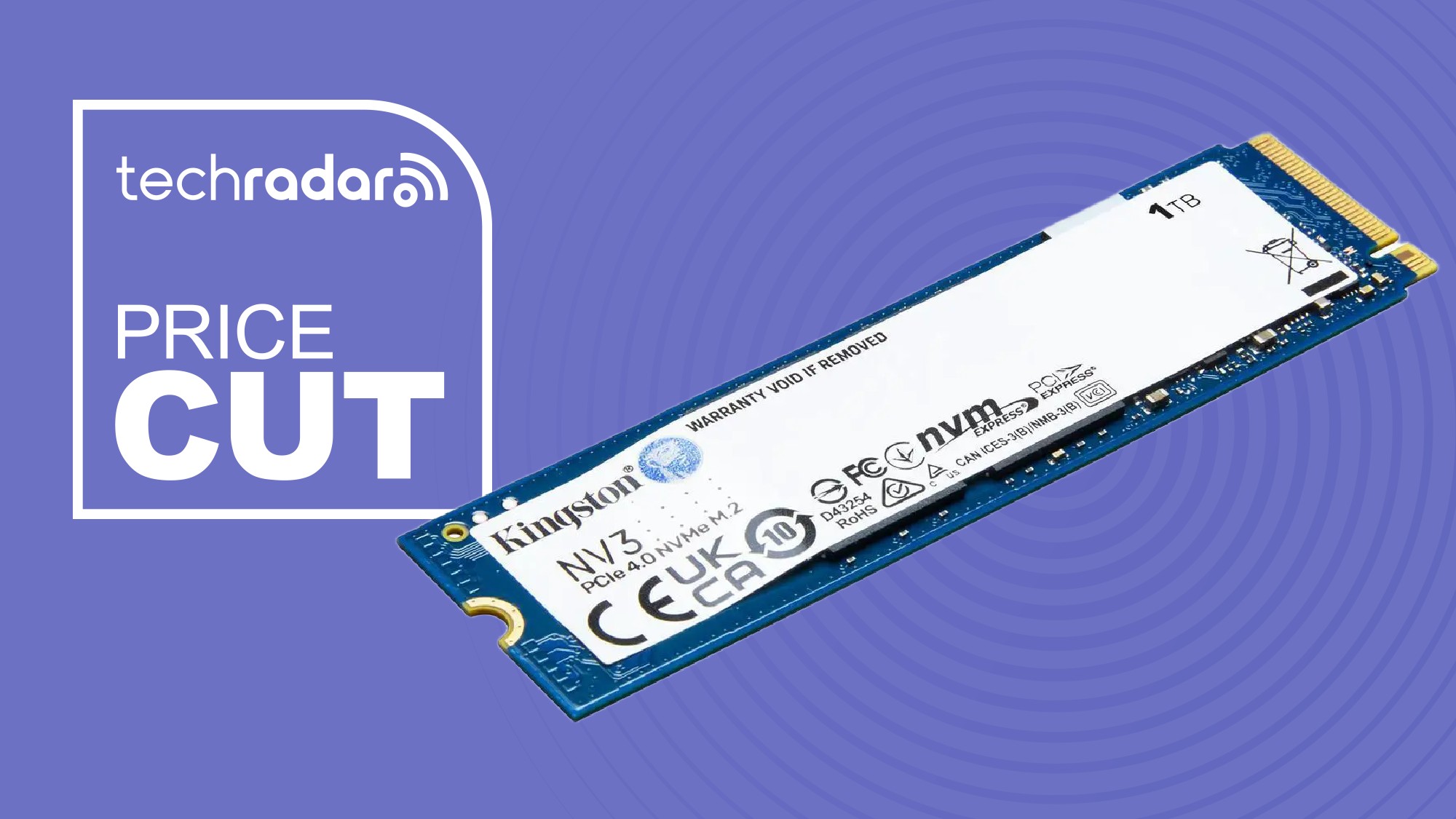 The Kingston NV3 SSD on a purple background next to a white TechRadar badge in the upper left that reads 'Price Cut'