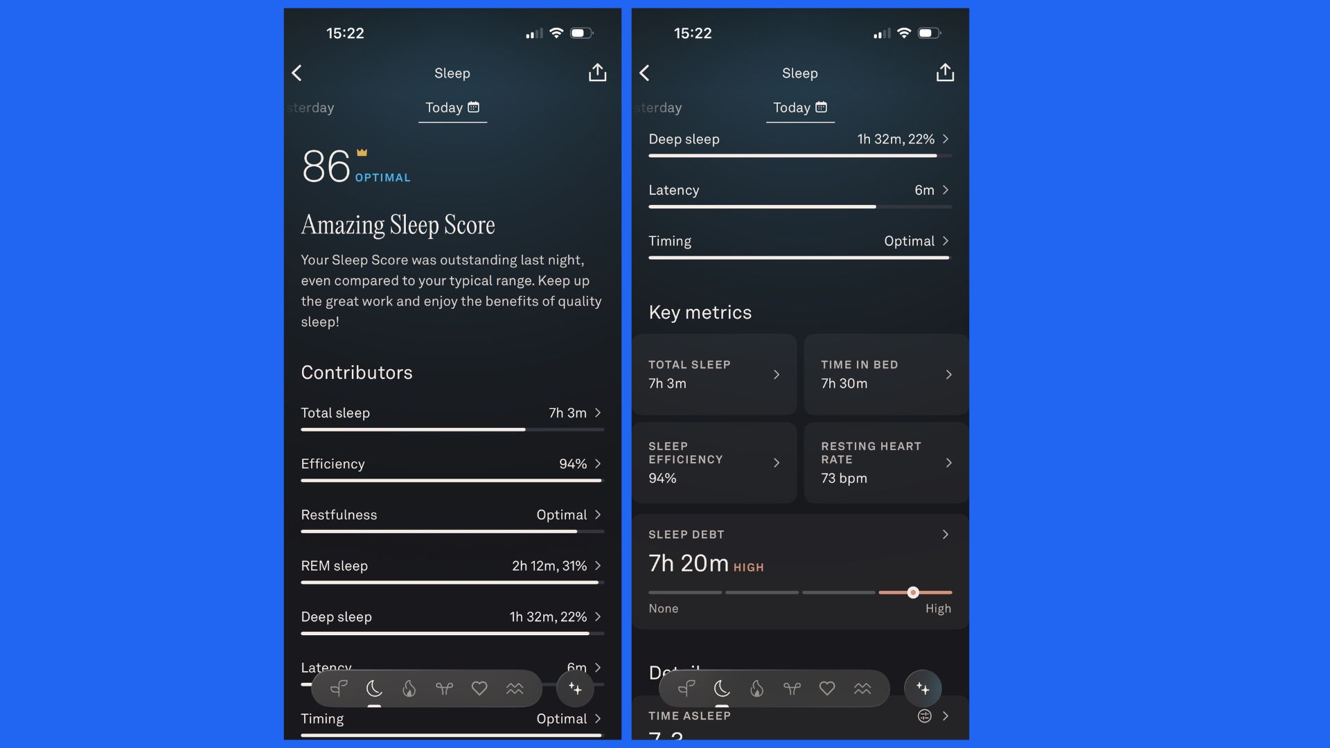 A screenshot of the Oura app displaying sleep tracking metrics.