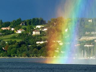 Villa Diodati sits on a steep slope overlooking Lake Geneva. Relatively clear views prevail to the west, but the view of the eastern sky is partially blocked by the hill. A rainbow greeted the Texas State researchers upon their arrival at Lake Geneva.