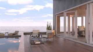 CG visualisation of a table and chairs outside a luxury beach property