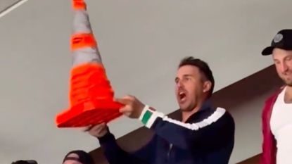 Brooks Koepka shouting traffic cone insults at a Florida Panthers match