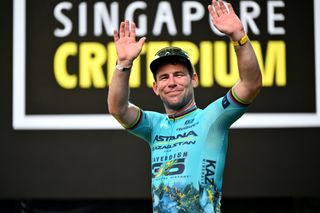 A final wave as a pro winner last November, as Mark Cavendish (Astana Qazaqstan) celebrates at podium as race winner of the Tour de France Singapore Criterium 2024