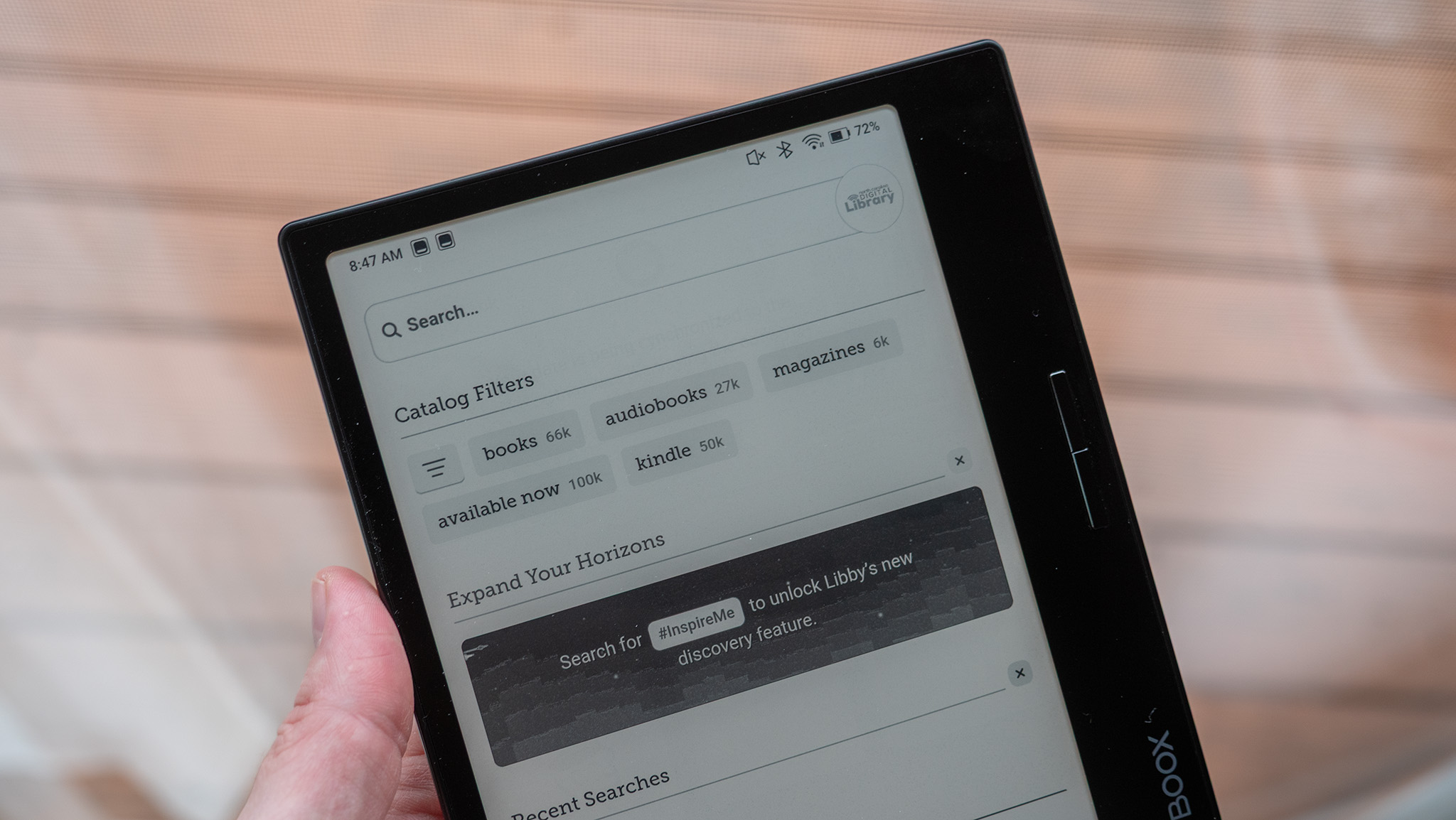 Searching for books on the Libby app on an Onyx Boox Page