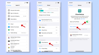 The first screenshot shows the iPhone Apple ID settings with a red arrow pointing at iCloud. The second screenshot shows the iCloud settings with a red arrow pointing at iCloud Backup. The third screenshot shows the iCloud Backup settings with red arrows pointing at Back Up Now and Back Up This iPhone. 