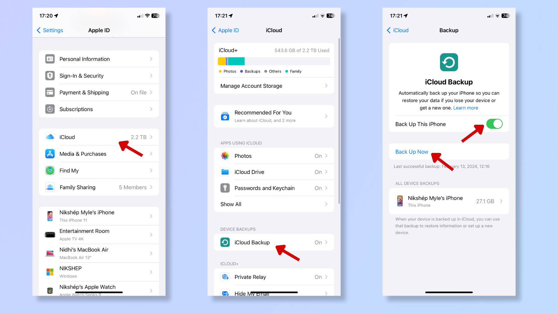 The first screenshot shows the iPhone Apple ID settings with a red arrow pointing at iCloud. The second screenshot shows the iCloud settings with a red arrow pointing at iCloud Backup. The third screenshot shows the iCloud Backup settings with red arrows pointing at Back Up Now and Back Up This iPhone. 
