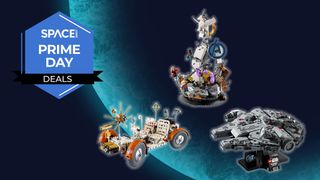 A grey spaceship made of bricks, a white and orange buggy and a tower with characters fighting sit in a triangular formation in front of a blue planet background with the space.com logo in the top left corner.