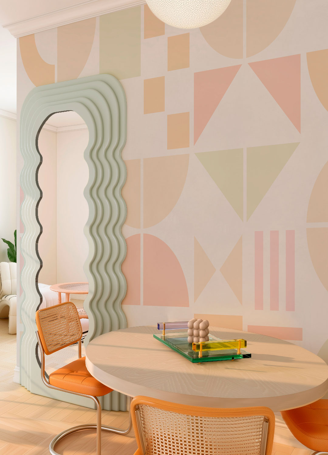 dining room with geometric pastel wallpaper and orange dining chairs