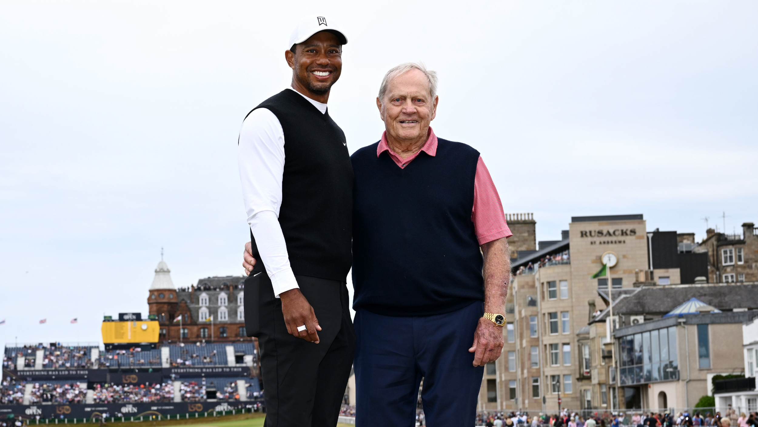 Tiger Woods and Jack Nicklaus pose together during The 150th Open at St Andrews