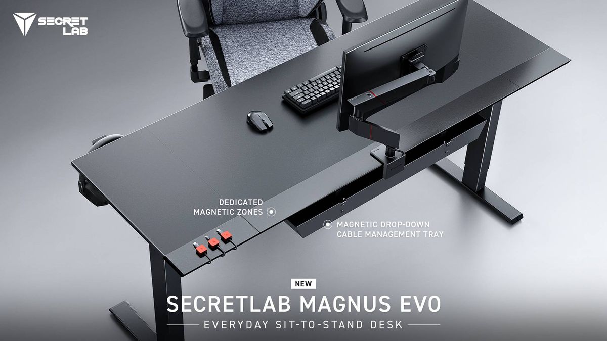 Secretlab Magnus Evo desk with labels on features like magnetic cable tray and top zones.