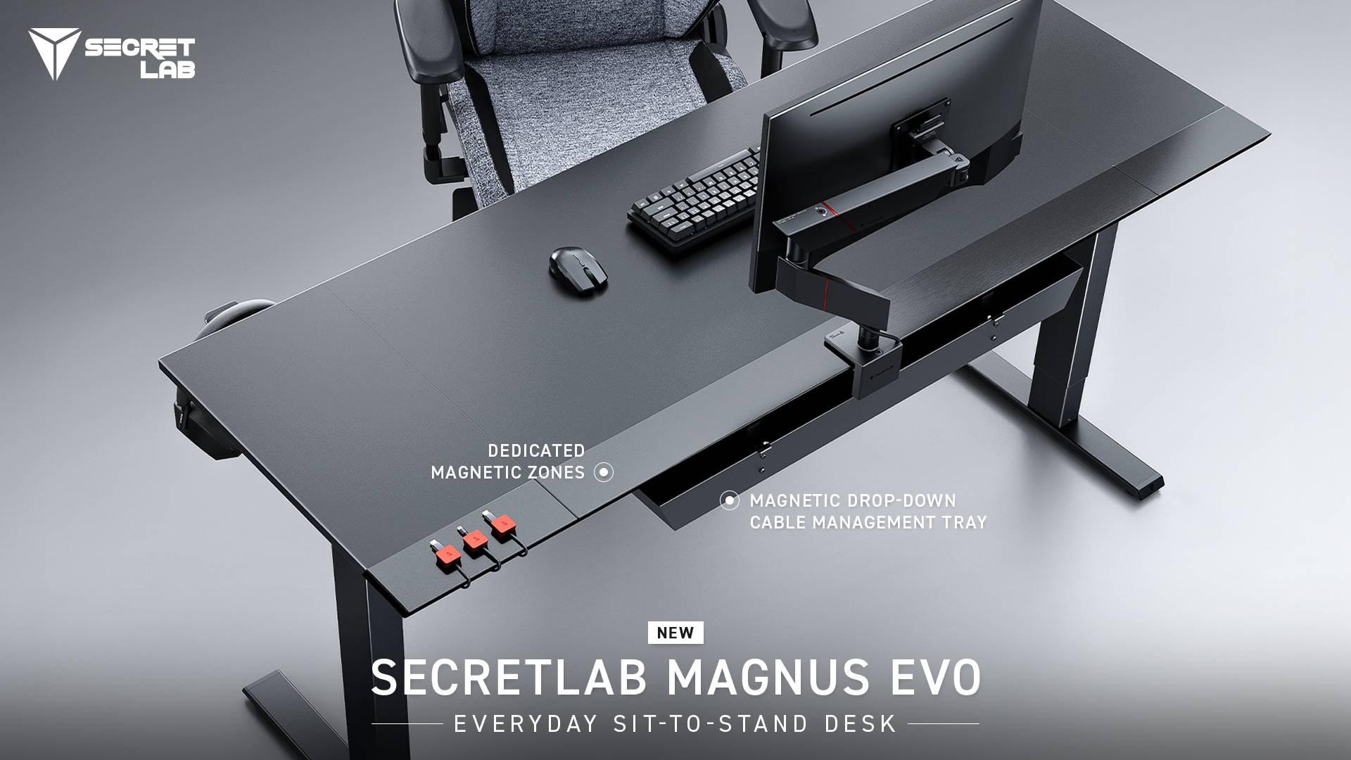 Secretlab Magnus Evo desk with labels on features like magnetic cable tray and top zones.