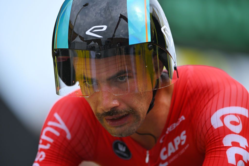 NICE FRANCE JULY 21 Victor Campenaerts of Belgium and Team Lotto Dstny crosses the finish line during the 111th Tour de France 2024 Stage 21 a 337km individual time trial from Monaco to Nice UCIWT on July 21 2024 in Nice France Photo by Tim de WaeleGetty Images
