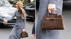 A composite of a picture of Kate Middleton holding a DeMellier bag and a close-up picture of the bag