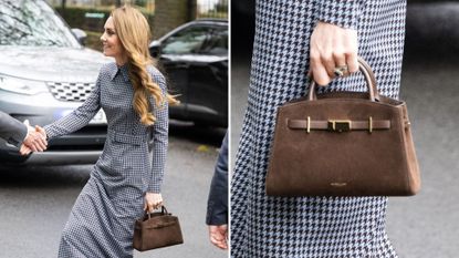 A composite of a picture of Kate Middleton holding a DeMellier bag and a close-up picture of the bag