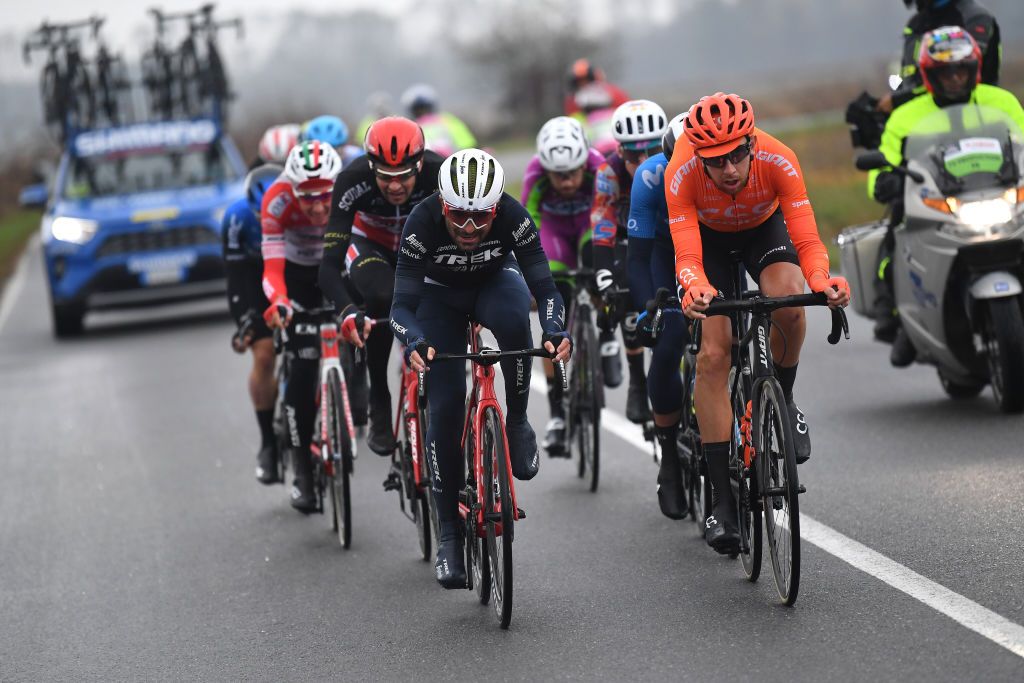 ASTI ITALY OCTOBER 23 Jacopo Mosca of Italy and Team Trek Segafredo Josef Cerny of Czech Republic and CCC Team during the 103rd Giro dItalia 2020 Stage 19 a 1245km stage from Abbiategrasso to Asti Stage shortened due to heavy rain girodiitalia Giro on October 23 2020 in Asti Italy Photo by Tim de WaeleGetty Images