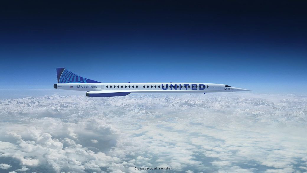 An artist&#039;s illustration of a United Airlines supersonic transport built by Boom Supersonic.