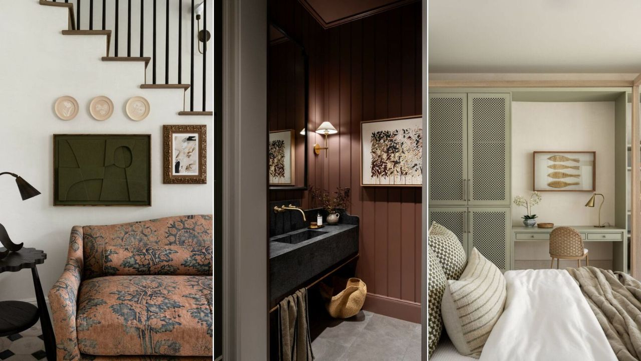 Studio McGee&#039;s 2025 trends, including a patterned sofa in a living room, color-drenched burgundy bathroom and a rattan cupboard and nautical themed bedroom