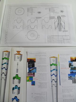 Two digitals illustrations, one in black and white, the other a colourful diagram of the stages and components that make up the Olympic torch