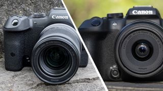 The Canon EOS R7 and EOS R10 cameras sitting outside