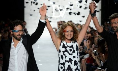 Google co-founder Sergey Brin and fashion designer Diane Von Furstenberg, both wearing Google's new computerized glasses, appear together at New York Fashion Week on Sept. 9.