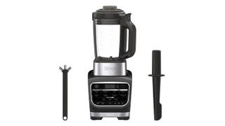 Ninja Foodi Cold & Hot Blender with a tamper and brush next to it, one of the Ninja blenders on sale